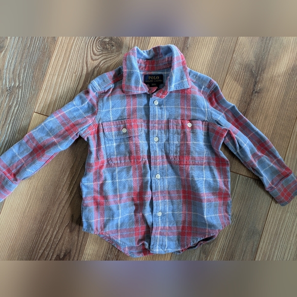 Polo Ralph Lauren Red Blue Cotton Flannel Button Up Long Sleeve Toddler Boys 2T - Picture 1 of 7